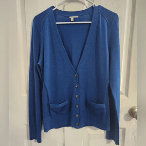 Halogen 100% Marino Wool blue button up cardigan pockets lagenlook woman MED